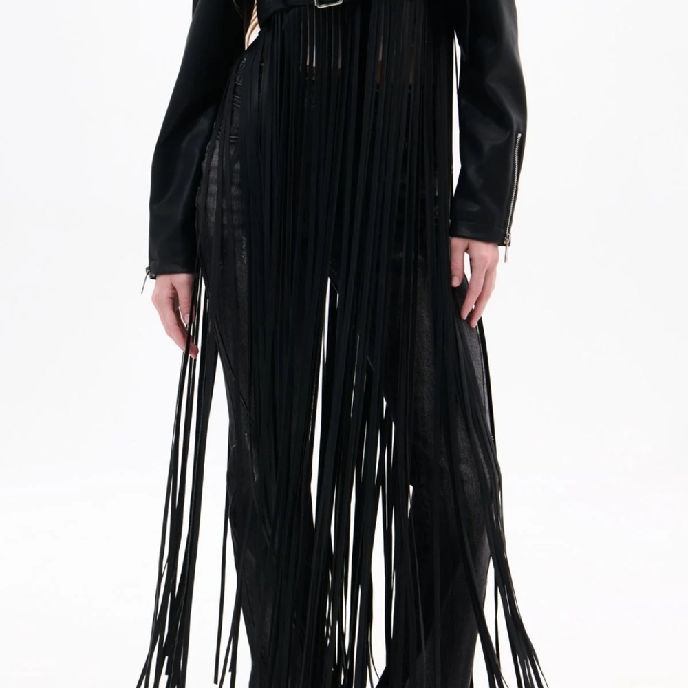 Women's Black Leather Fringe Jacket with Zip Cuffs
